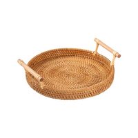 Bandeja Redonda de Vime Artesanal com Alça de Madeira