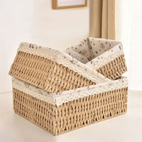 Cesta Bege Retangular de Rattan Plástico com Forro em Tecido