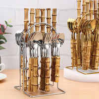 Faqueiro Dourado em Aço Inox com Cabo de Bambu Natural