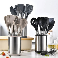 Kit de Utensílios de Cozinha em Silicone com Aço Inox e Balde Giratório – 12 Peças