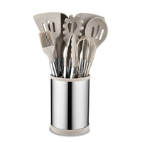 Kit de Utensílios de Cozinha em Silicone com Aço Inox e Balde Giratório – 12 Peças