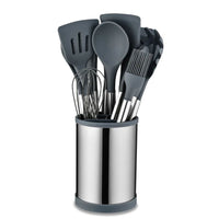 Kit de Utensílios de Cozinha em Silicone com Aço Inox e Balde Giratório – 12 Peças