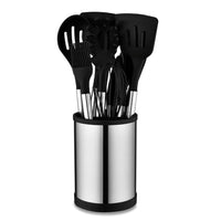 Kit de Utensílios de Cozinha em Silicone com Aço Inox e Balde Giratório – 12 Peças